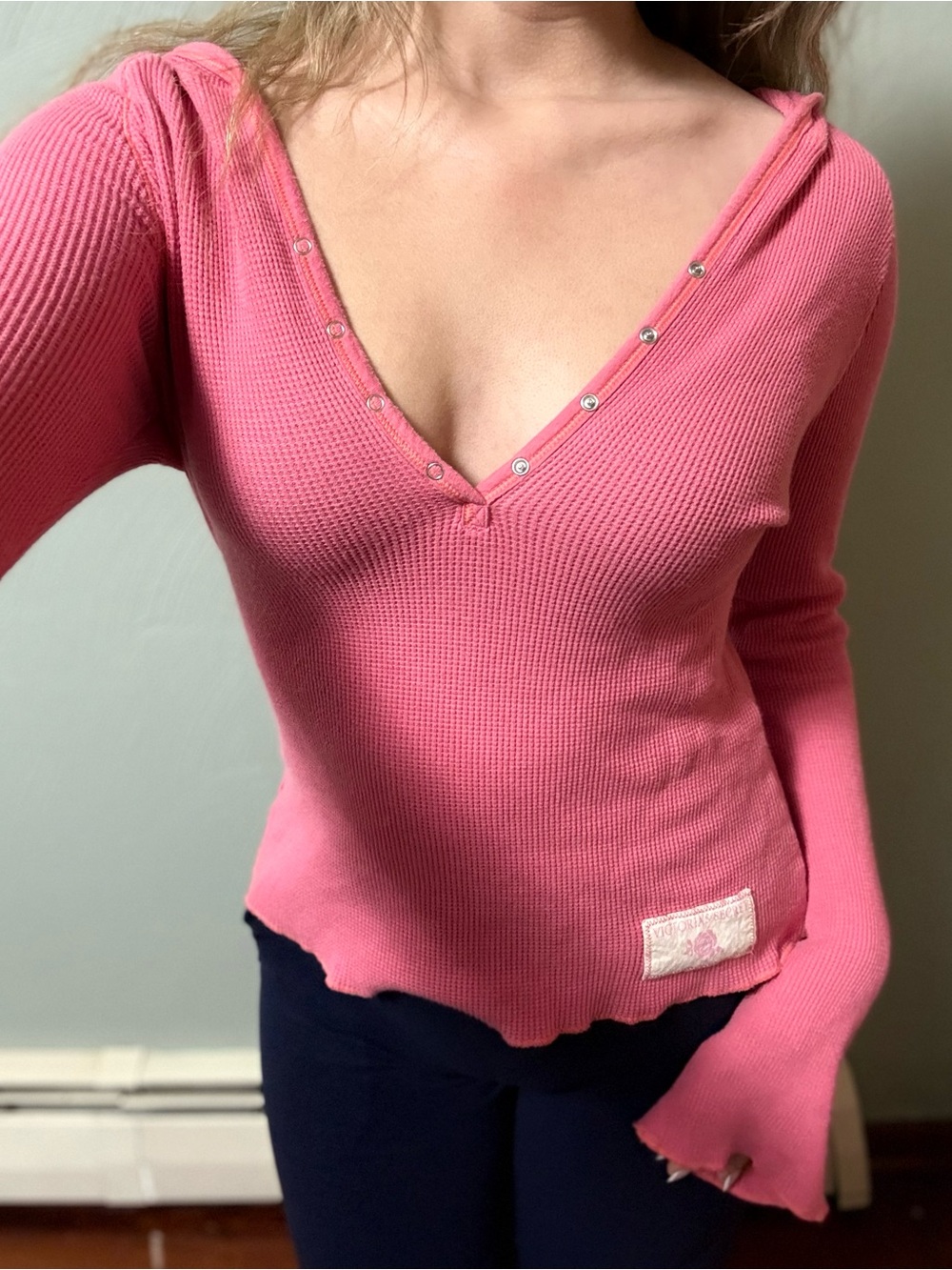 VS Y2K Pink V-Neck Thermal Sweater